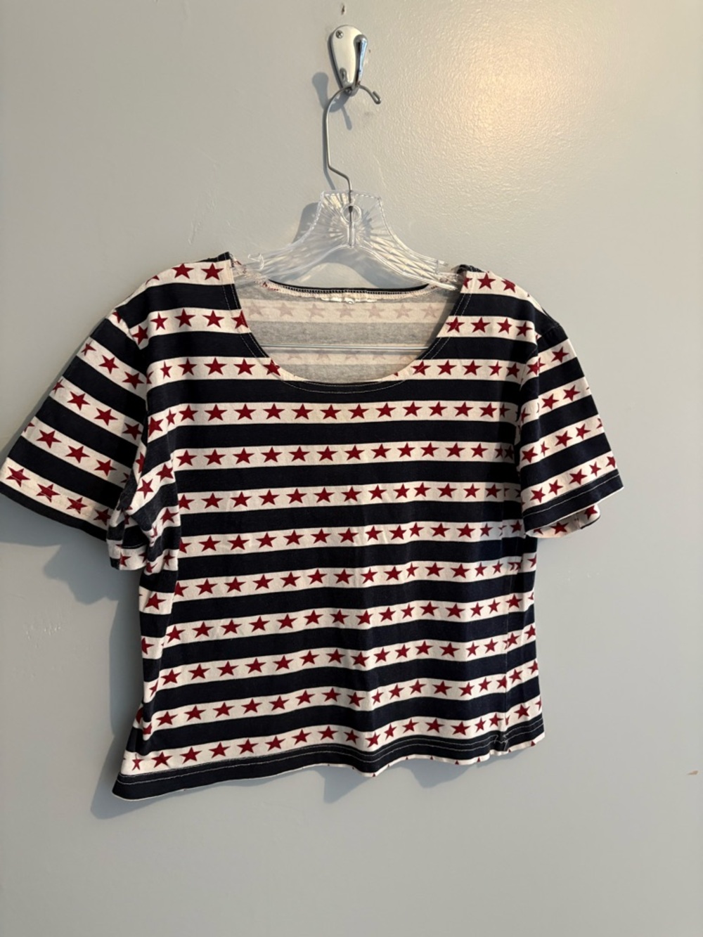 Vintage Americana Women’s Medium Cropped Short Sleeve Tee Striped Star Navy Red - Picture 5 of 15